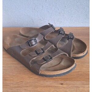 Birkenstock Birkis Florida Women 40 9 9.5 Brown Narrow 3 Strap Sandals Pebbled